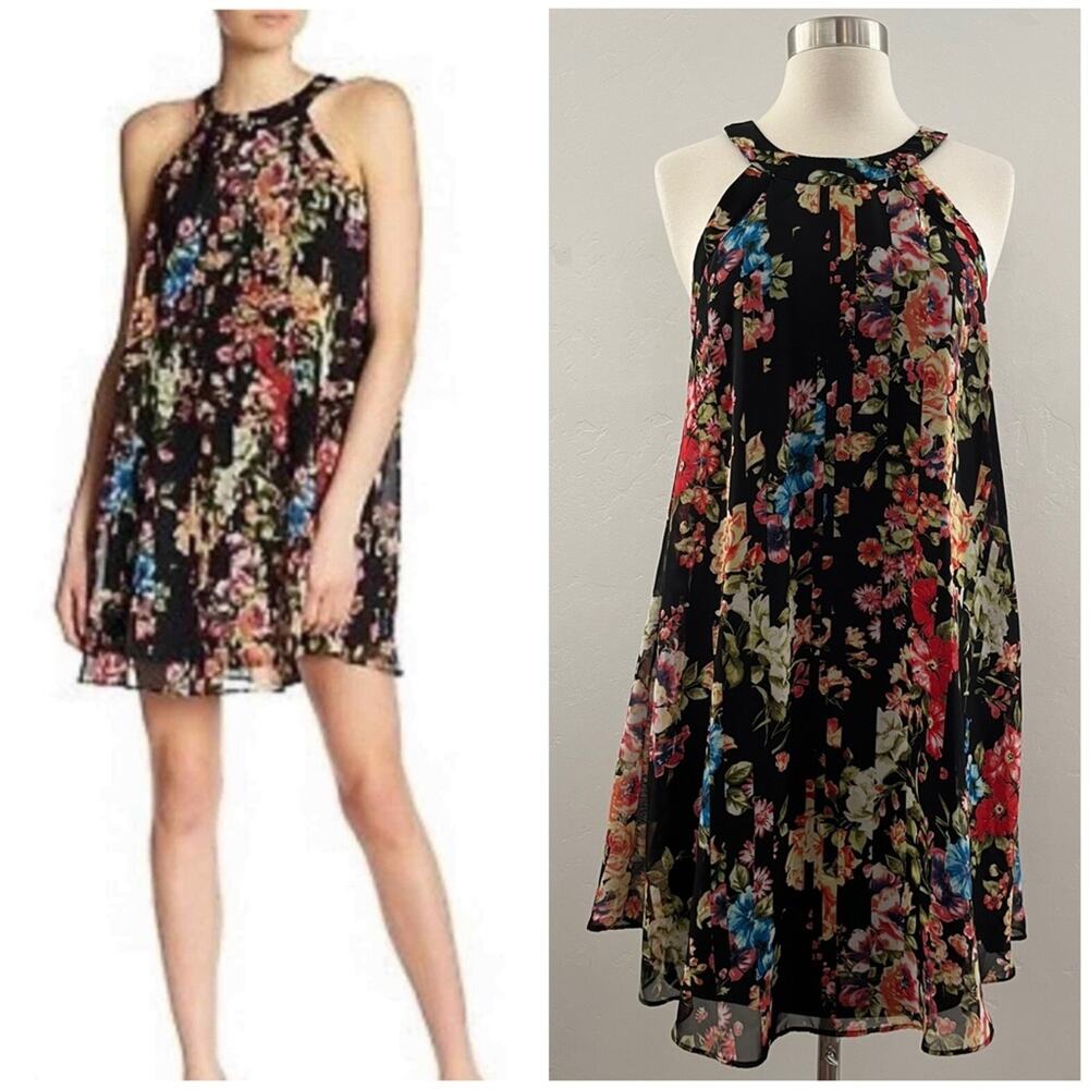 Betsey Johnson Floral Chiffon Halter Swing Dress Flowy Colorful Black Size 2
